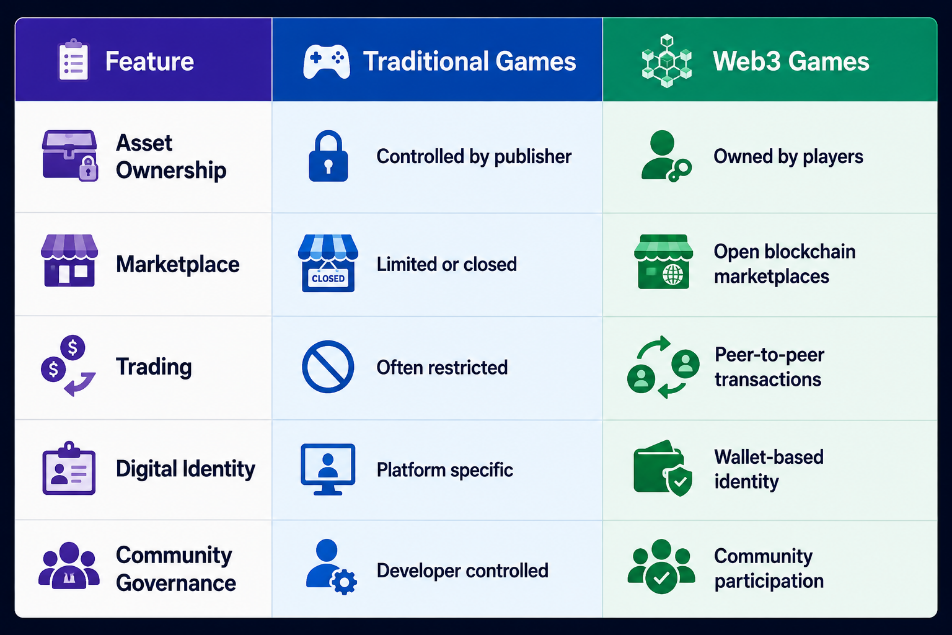 Traditional games compared with Web3 games across five features. Asset ownership: controlled by publisher versus owned by players. Marketplace: limited or closed versus open blockchain marketplaces. Trading: often restricted versus peer-to-peer transactions. Digital identity: platform specific versus wallet-based identity. Community governance: developer controlled versus community participation.