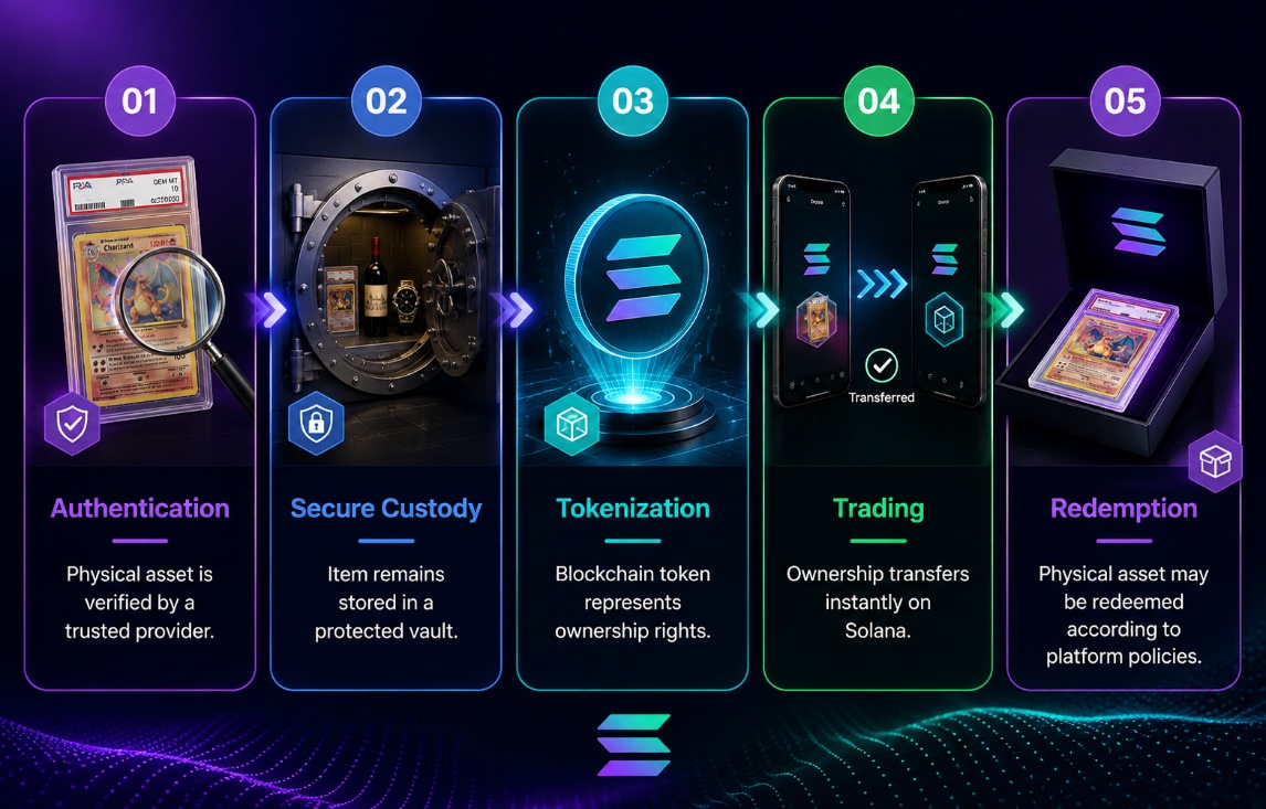 Five-stage process for Solana tokenized collectibles: authentication, secure custody, tokenization, trading, and redemption.