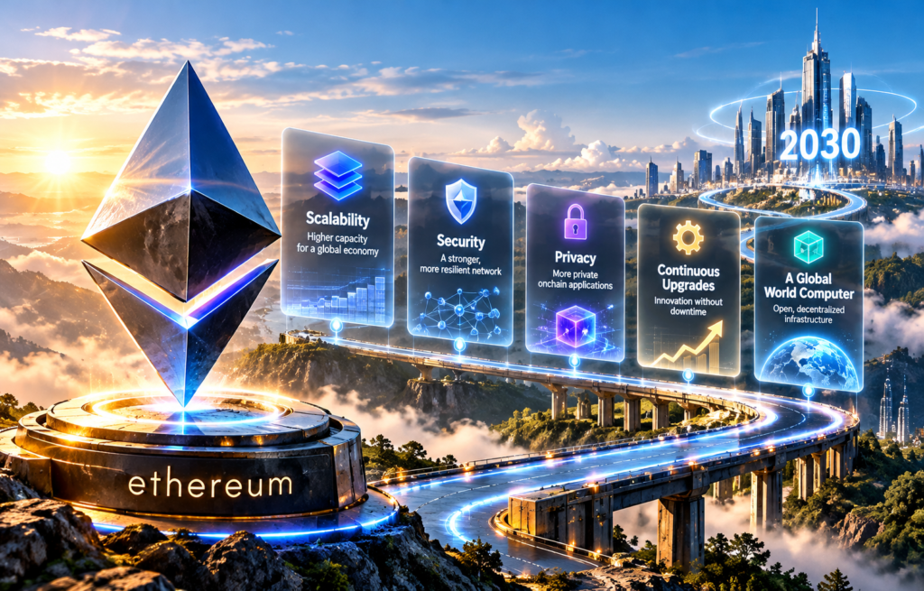 Ethereum frontier blockchain vision with network infrastructure and upcoming protocol upgrades